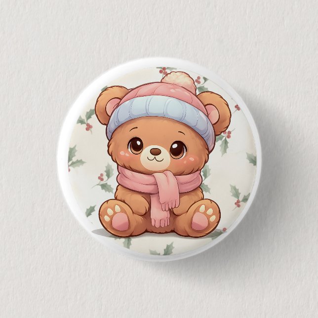 Macaron Rond 2,50 Cm Cute Kawaii Teddy Bear Winter Button (Devant)