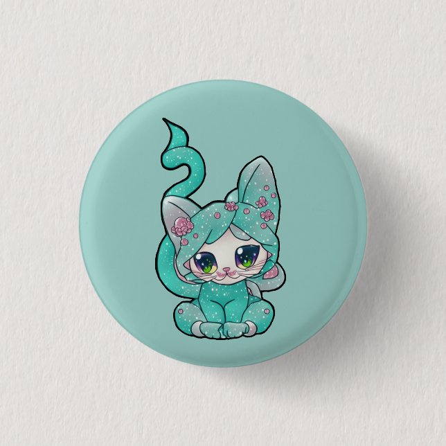 Macaron Rond 2,50 Cm Cute Kawaii Turquoise Kitten (Devant)