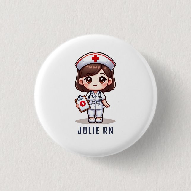 Macaron Rond 2,50 Cm Cute Manga Brunette Nurse Caricature Personnalisée (Devant)
