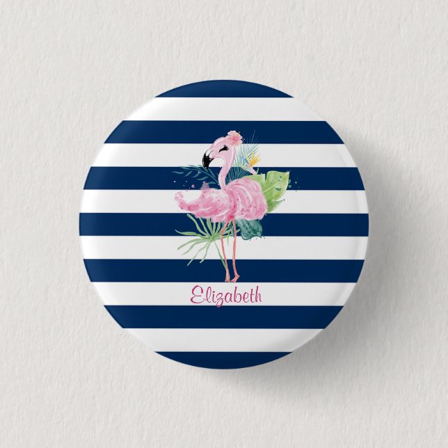Macaron Rond 2,50 Cm Cute Pink Flamingos Tropical Leaf, Striped (Devant)