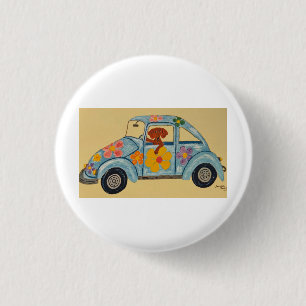 Macaron Rond 2,50 Cm Dachshund dans une voiture hippie