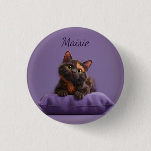Macaron Rond 2,50 Cm Dessin Tortoiseshell Kitten sur coussin pourpre