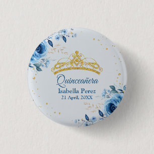 Macaron Rond 2,50 Cm Diadème doré Quinceanera pailleté et floral bleu