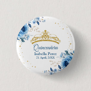 Macaron Rond 2,50 Cm Diadème doré Quinceanera pailleté et floral bleu