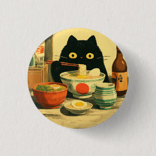 Macaron Rond 2,50 Cm Drôle chat noir manger Ramen   Vintage japonais