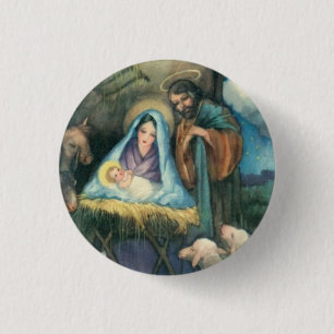 Macaron Rond 2,50 Cm Écurie de Manger de nativité, Pin vintage d'art de