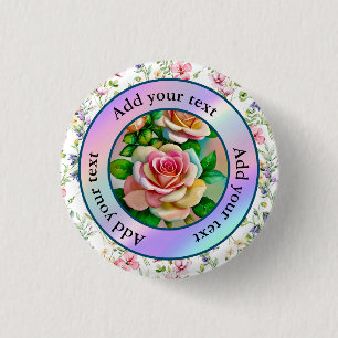 Macaron Rond 2,50 Cm Élégance Roses Rose et Jaune Aquarelle Pastel