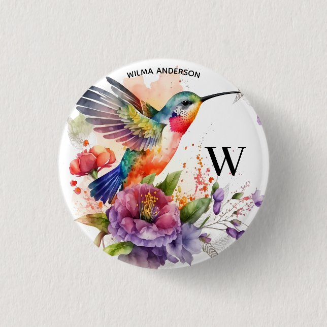 Macaron Rond 2,50 Cm Élégant Aquarelle Monogramme de colibri avec nom (Devant)