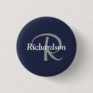 Macaron Rond 2,50 Cm Élégant Bleu Nuit Blanc Gris Argent Monogrammé