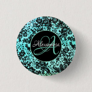 Macaron Rond 2,50 Cm Élégant Monogramme floral bleu turquoise et noir