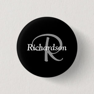 Macaron Rond 2,50 Cm Élégant Monogramme Noir Blanc et Gris Argent