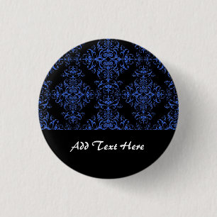 Macaron Rond 2,50 Cm Élégant motif de style damassé floral bleu et noir