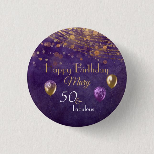 Macaron Rond 2,50 Cm Elégant Purple Gold 50 Fabuleux Joyeux Anniversair (Devant)