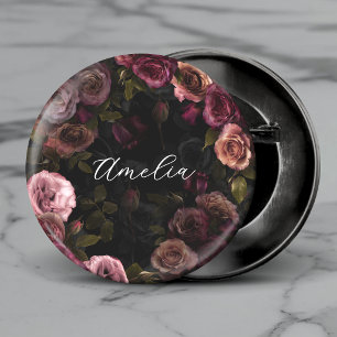 Macaron Rond 2,50 Cm Élégante Fleur Botanique Rose Foncé Bourgogne