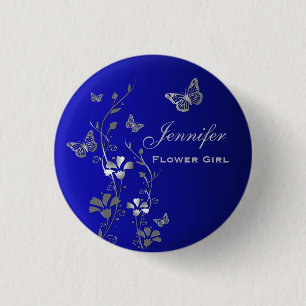 Macaron Rond 2,50 Cm Épingle papillon floral bleu et argent pour jeune
