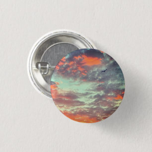 Macaron Rond 2,50 Cm Épinglette Photo Oiseau Volant Nuages Roses Ciel