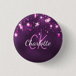 Macaron Rond 2,50 Cm Étoiles scintillantes violettes monogramme personn