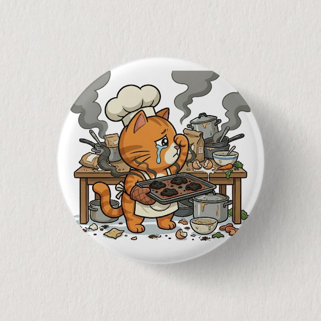 Macaron Rond 2,50 Cm Exhausted Chef Cat Kitchen Disaster Button (Devant)