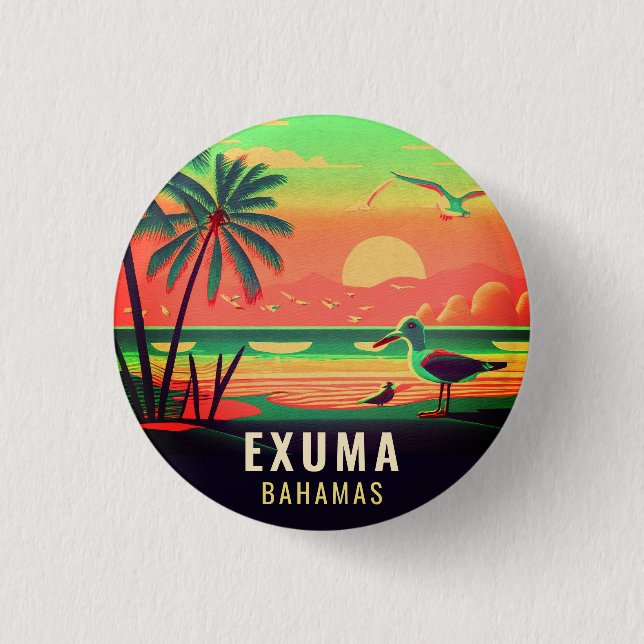 Macaron Rond 2,50 Cm Exuma Bahamas Retro Sunset Seagull Souvenir 1950 (Devant)