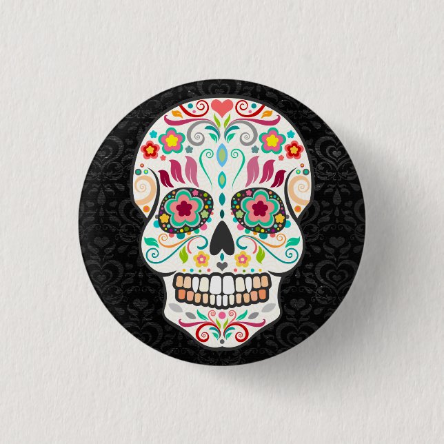 Macaron Rond 2,50 Cm Feliz Muertos - Happy Sugar Skull Button Pin (Devant)