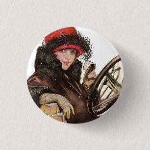 Macaron Rond 2,50 Cm Femme Art Déco Vintage Chapeau Rouge Automobile 