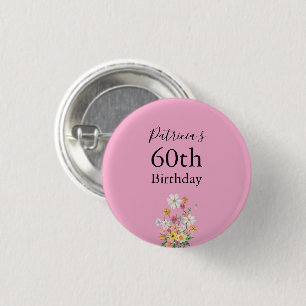 Macaron Rond 2,50 Cm Fête d'anniversaire 60 ans Fleurs sauvages Rose