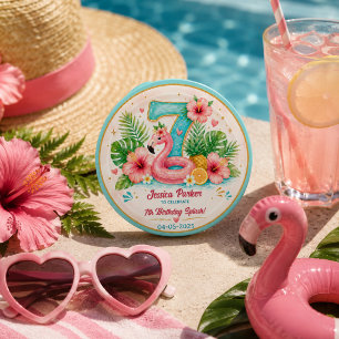 Macaron Rond 2,50 Cm Fête d'anniversaire 7 ans Tropical Flamingo Pool P