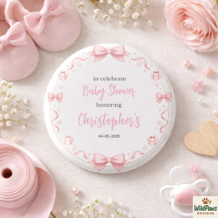Macaron Rond 2,50 Cm Fête Prénatale "Bébé Fille à Nœud Rose" - Une Soir