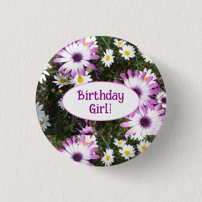 Macaron Rond 2,50 Cm Fille d'anniversaire de marguerite violette et bla (Devant)