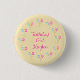 Macaron Rond 2,50 Cm Filles D'Anniversaire Pois Jaunes Et Ballons