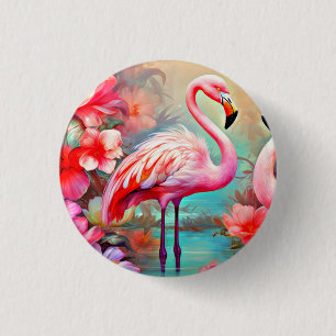 Macaron Rond 2,50 Cm Flamants roses roses dans un lac avec fleurs-20231