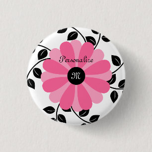 Macaron Rond 2,50 Cm Fleur rose et noire décorée d'un monogramme à l