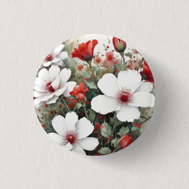 Macaron Rond 2,50 Cm Fleurs blanches et rouges Elégante aquarelle (Devant)
