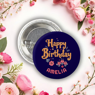 Macaron Rond 2,50 Cm Fleurs Florales Joyeux Anniversaire Handlettering