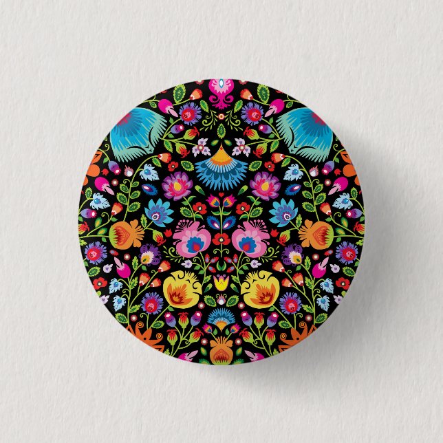 Macaron Rond 2,50 Cm Fleurs folkloriques Wycinanki noir (Devant)