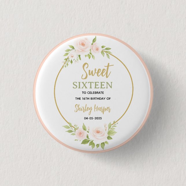 Macaron Rond 2,50 Cm Floral Gold Script Sweet Sixteen Birthday  (Devant)