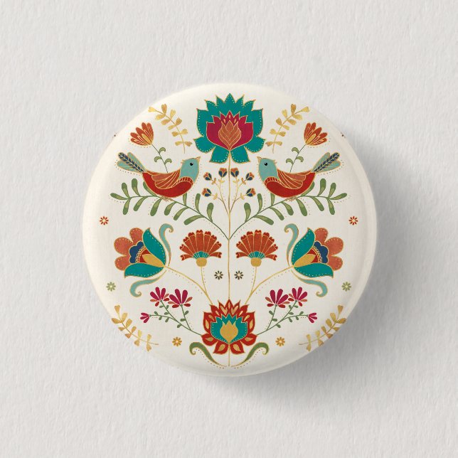 Macaron Rond 2,50 Cm Flore Folk Avec Oiseaux (Devant)