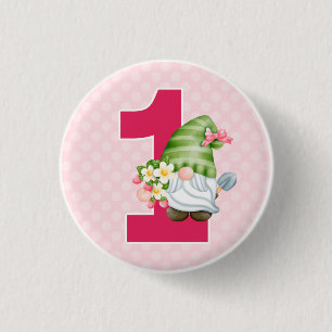 Macaron Rond 2,50 Cm Fraise Gnome Garden Baby Girl's 1st Birthday