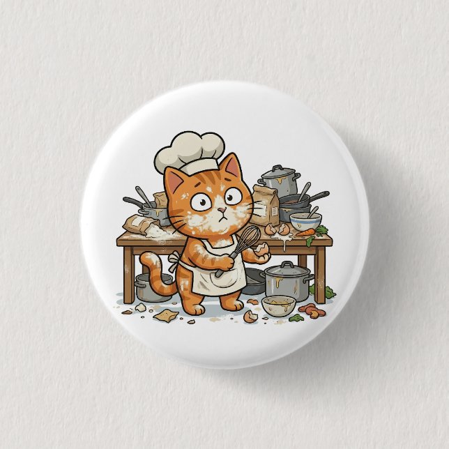 Macaron Rond 2,50 Cm Funny Chef Cat Messy Kitchen Button (Devant)
