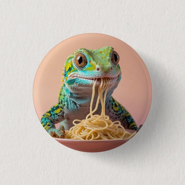 Macaron Rond 2,50 Cm Gecko Drôle Manger Spaghetti (Devant)