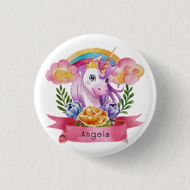 Macaron Rond 2,50 Cm Girls mignonne violet licorne arc-en-ciel Nom pers (Devant)