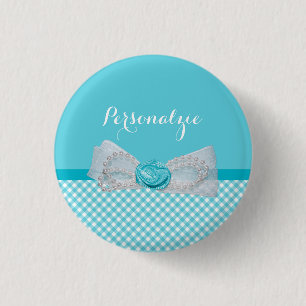 Macaron Rond 2,50 Cm Girly Aqua En vichy mignonnes perles Rose Bow avec
