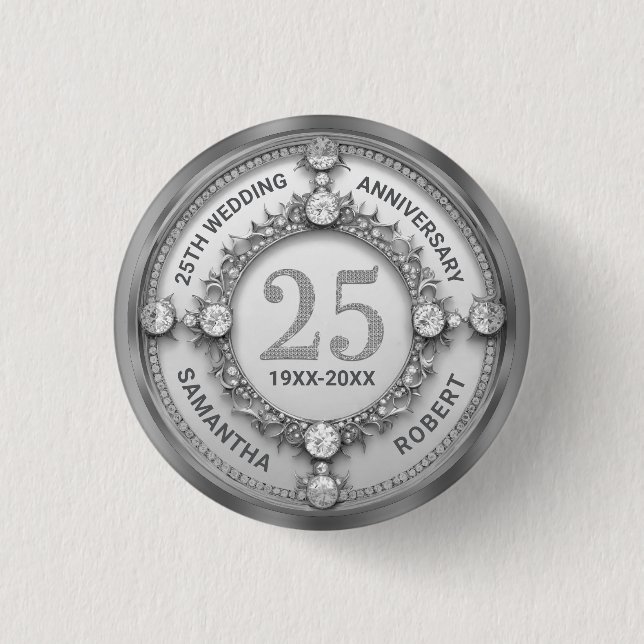 Macaron Rond 2,50 Cm Glam Diamond & Silver 25e anniversaire de Mariage (Devant)