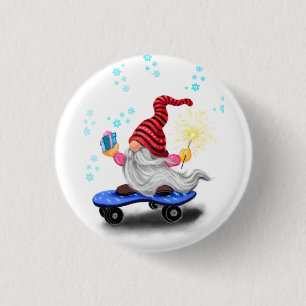 Macaron Rond 2,50 Cm Gnome patineur drôle avec cadeaux de Noël