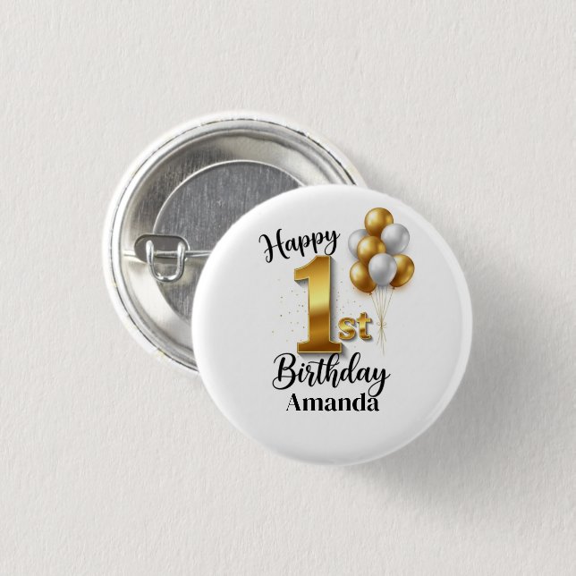 Macaron Rond 2,50 Cm Gold Balloons 1st Birthday Pinback Button (Devant & derrière)