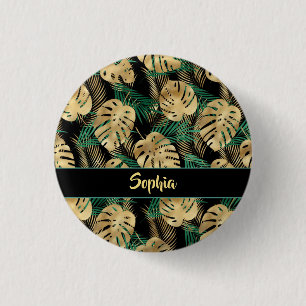 Macaron Rond 2,50 Cm Gold & Green Tropical Leaves, DIY Gold Name, Black