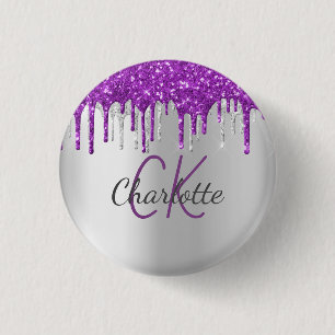 Macaron Rond 2,50 Cm Gouttes de paillettes violettes avec monogramme ar