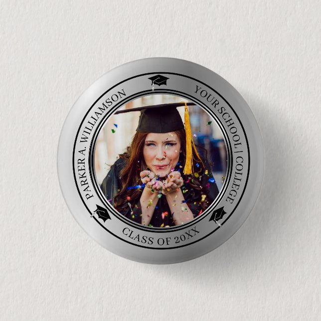 Macaron Rond 2,50 Cm Graduation Photo Silver Tone Grad Classe Casquette (Devant)