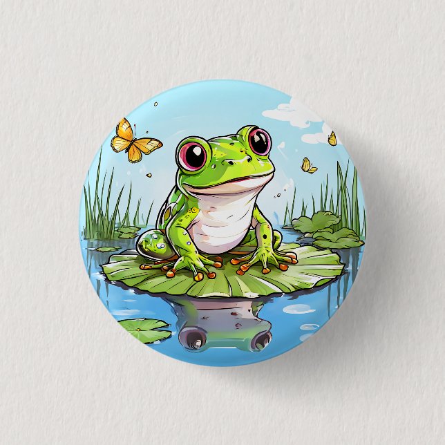 Macaron Rond 2,50 Cm Grenouille mûre et papillons sur Lily Pad (Devant)