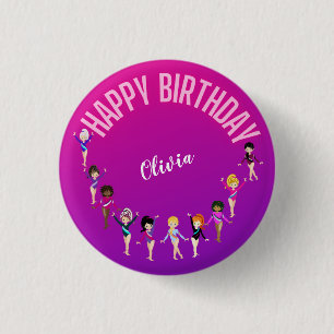Macaron Rond 2,50 Cm Gymnastique Amis "Joyeux Anniversaire" Rose violet